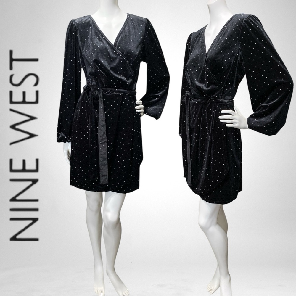 NINE WEST Faux Wrap Black Velvet Silver Studs Mini Dress Long Sleeves Size Large
